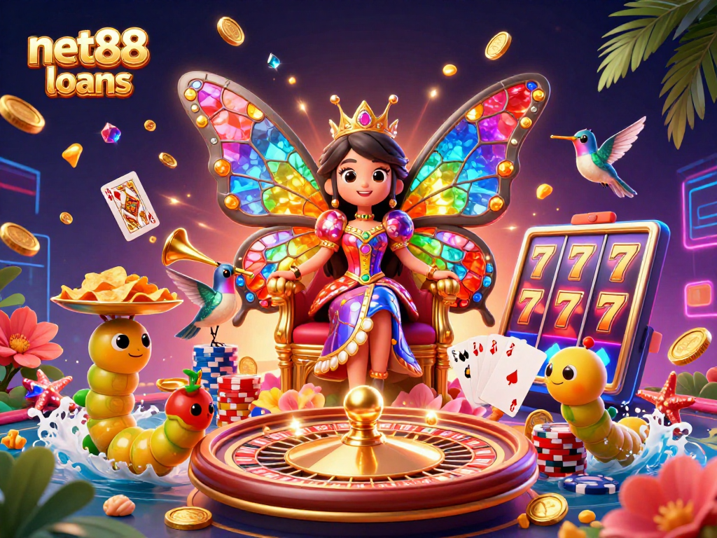Win big with net88 loans, featuring vibrant casino elements and the butterfly queen.