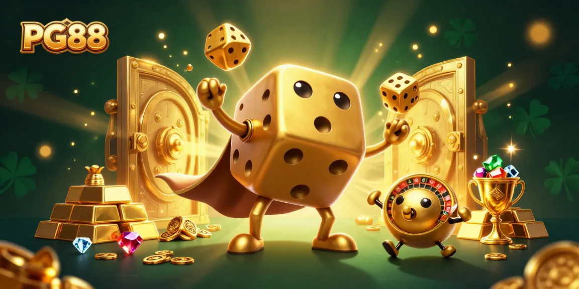 Engage with PG88 at this vibrant casino scene featuring a golden dice golem juggling dice amid sparkling treasures.