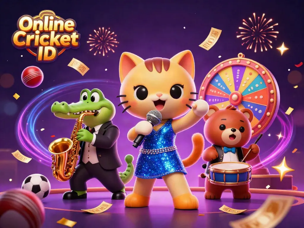 Experience the excitement of Online Cricket ID with a vibrant casino scene featuring cartoon characters and dynamic sports elements.
