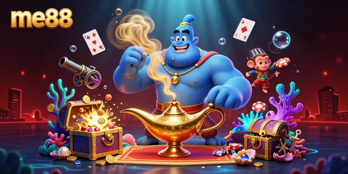Experience me88's immersive casino action with the playful genie and monkey amidst treasure-filled underwater elements.