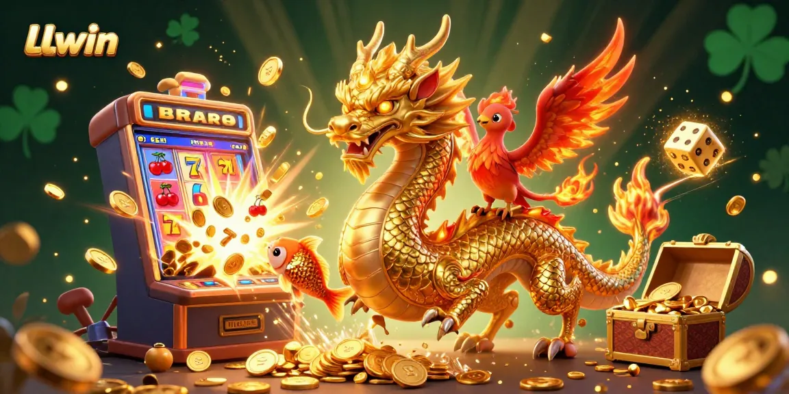 Experience the thrill at LLwin, where a golden dragon and phoenix soar amidst a jackpot explosion in a vibrant casino scene.