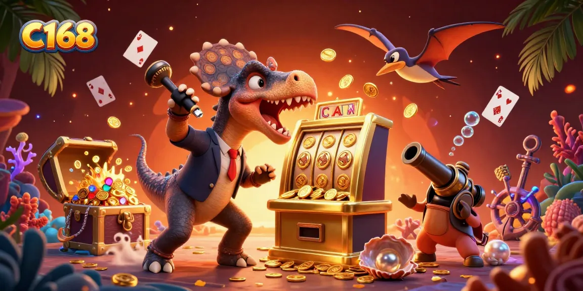 C168 showcases a dynamic scene of a dinosaur celebrating a jackpot, capturing the spirit of excitement in gaming.