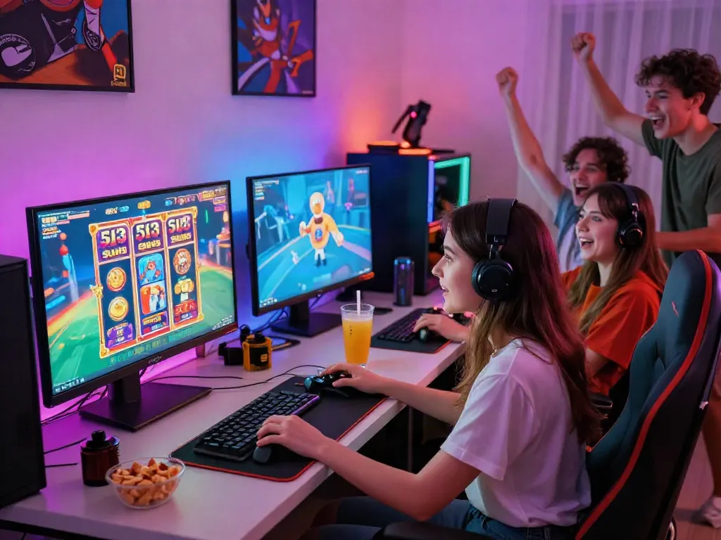 Engaged gamers enjoying 513 Slots experience with friends in a lively, colorful gaming environment.