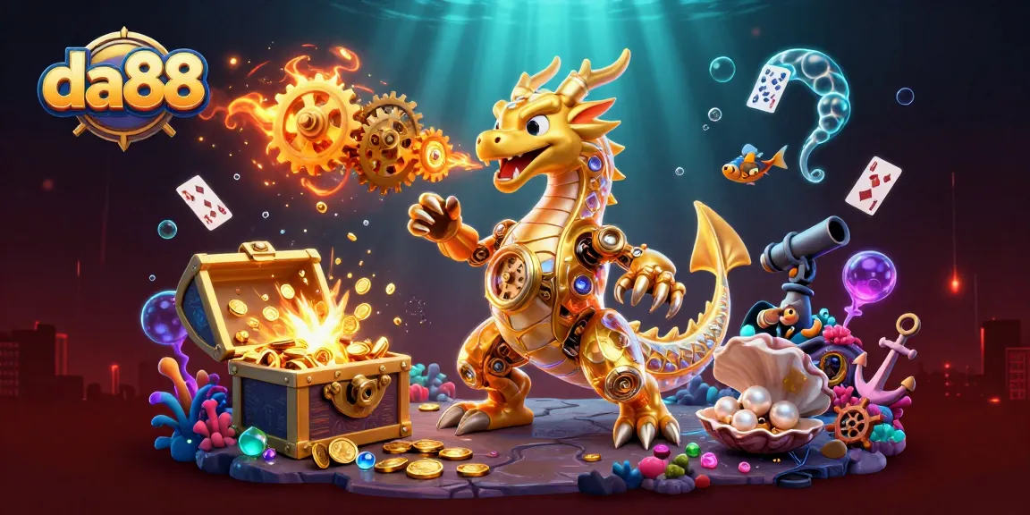 Experience the excitement of da88 with a thrilling 3D scene featuring a golden dragon amidst underwater treasures.