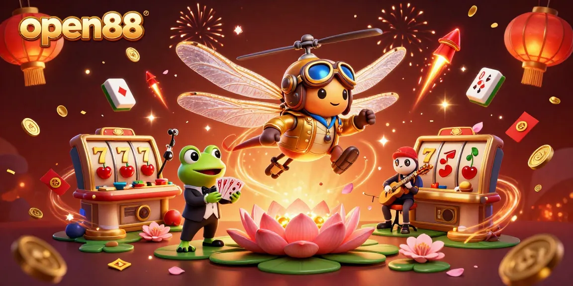 Experience the excitement of open88 with a vibrant casino scene featuring slot reels and lively characters.