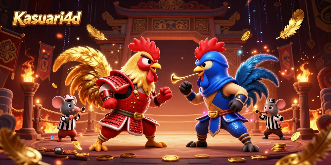 Kasuari4d memperlihatkan duel dua ayam bertarung dengan efek visual menarik dalam arena pertarungan yang dramatis.