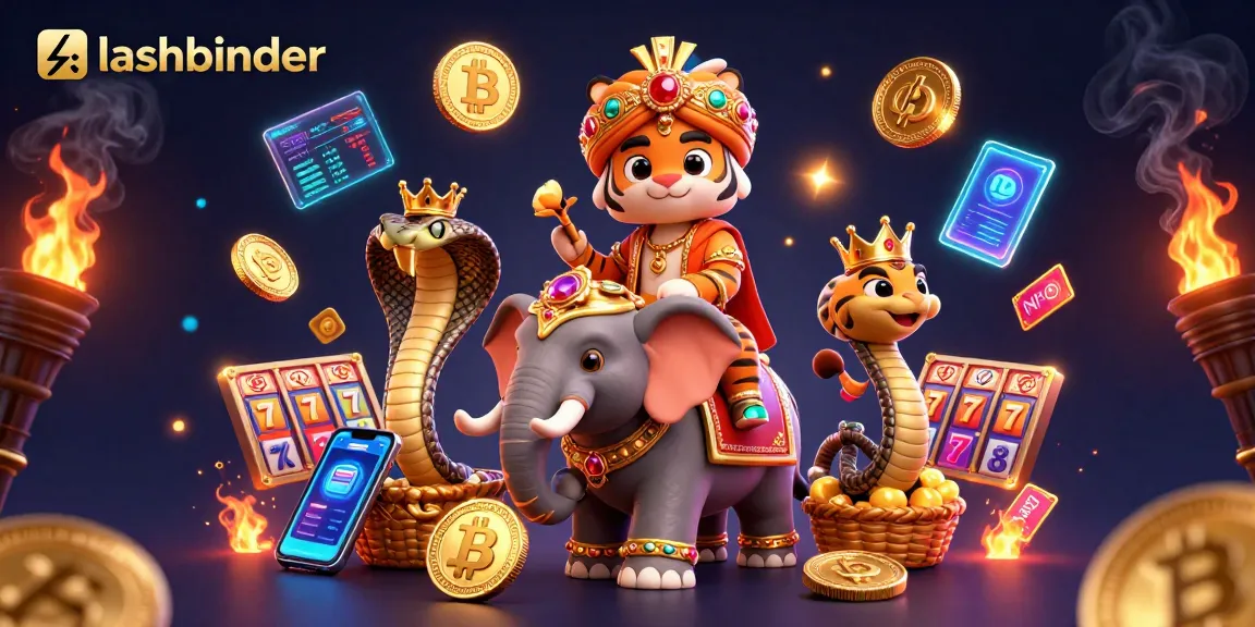 Experience thrilling gameplay with lashbinder as a 3D cartoon maharaja and elephant amidst golden jackpots and crypto coins.