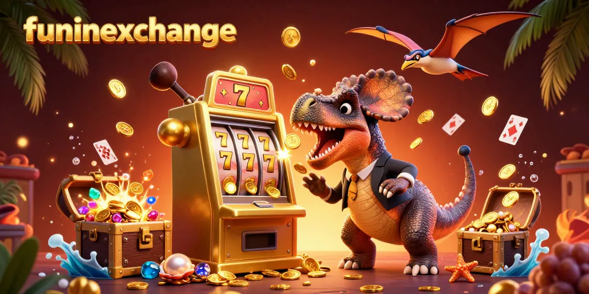 Celebrate funinexchange jackpots as prehistoric creatures interact with a golden slot machine in a vibrant casino.