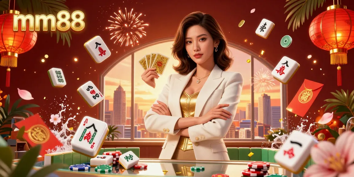 Experience the thrill of mm88 online gaming with a glamorous scene showcasing a powerful businesswoman and vibrant casino elements.
