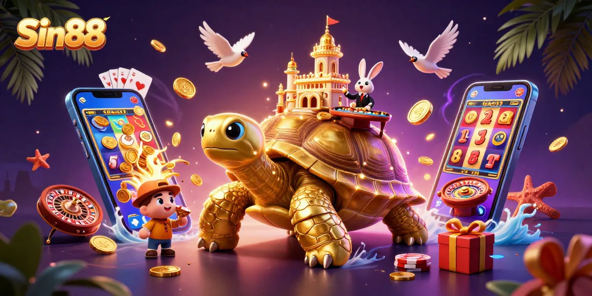 Sin88 promotes engaging gaming excitement with a 3D casino scene featuring a tortoise, rabbit dealer, and golden coins.