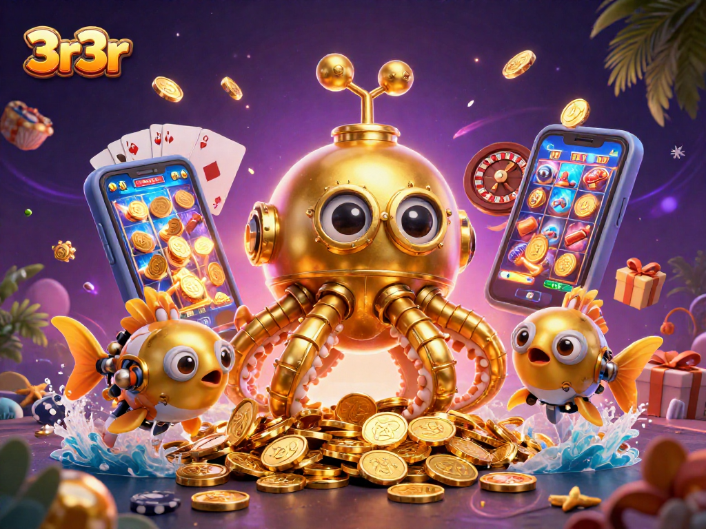 Play exciting games and win with 3r3r while enjoying golden kraken and mechanical fish in a vibrant setting.