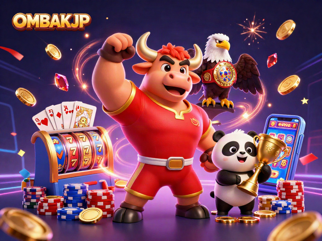 Engage with OMBAKJP in this vibrant casino scene celebrating wins with slot machine reels and playful mascots.