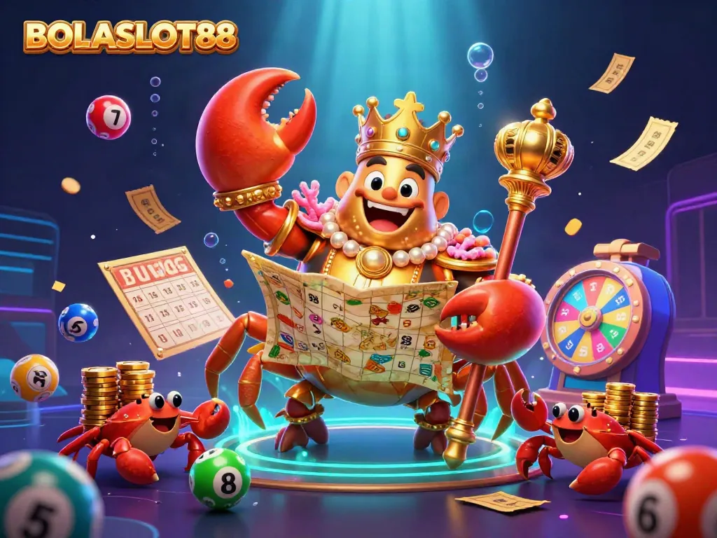 BOLASLOT88 showcases a vibrant 3D scene with a golden crab emperor and lottery game elements, captivating players with exciting opportunities.
