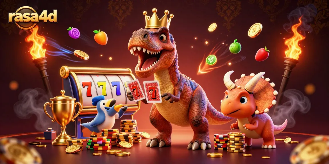 Engage in thrilling casino action at rasa4d with a vibrant 3D dinosaur-themed illustration.