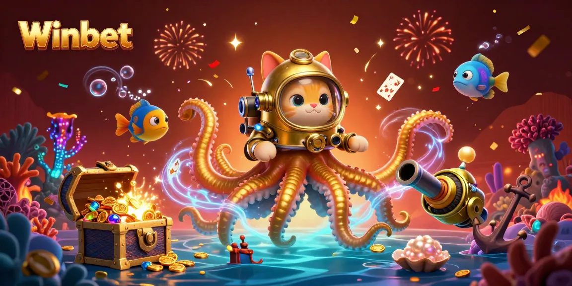 Winbet's vibrant casino adventure with kraken, diving cat, and festive treasures.