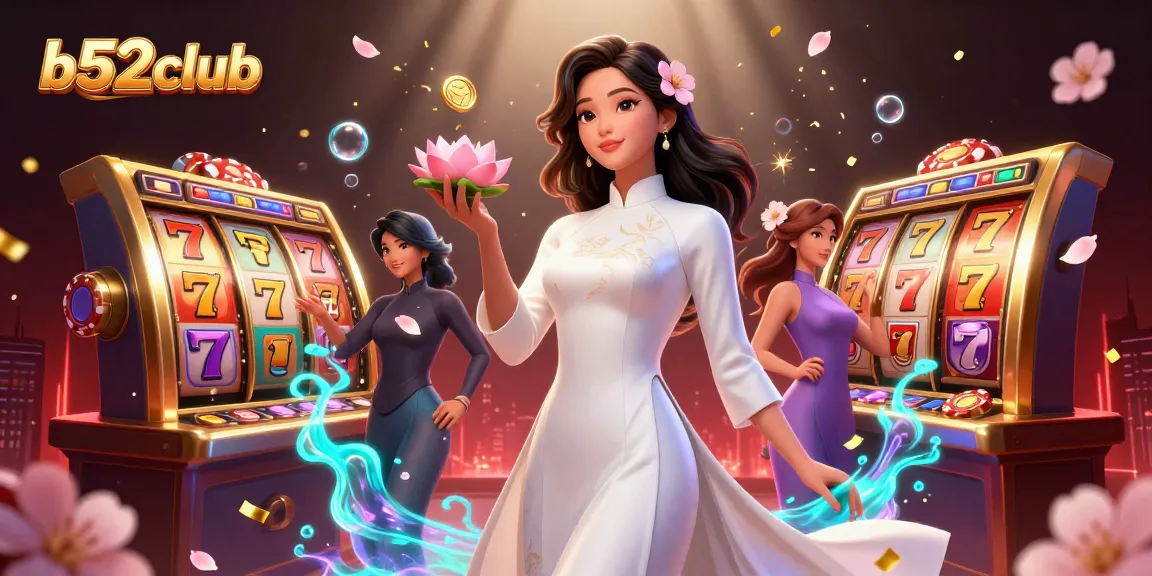 B52club's vibrant casino scene showcases an elegant woman celebrating winning moments with slot game elements.