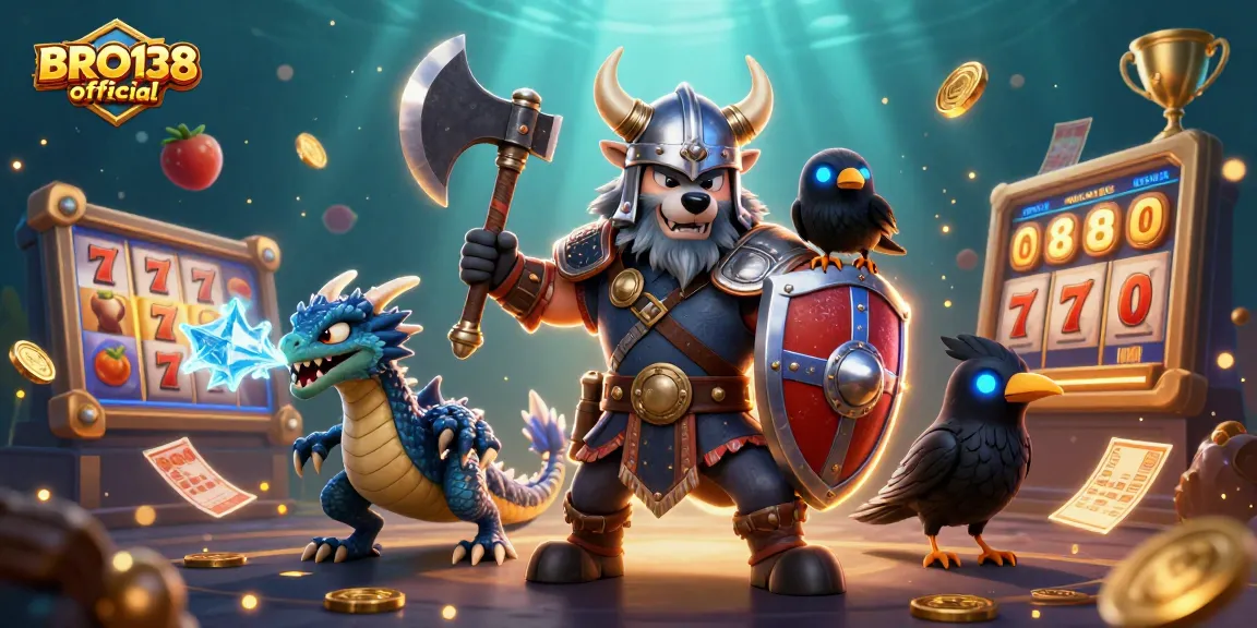 Engage in thrilling slot action at BRO138 official with dynamic Viking and dragon characters in a lively casino scene.