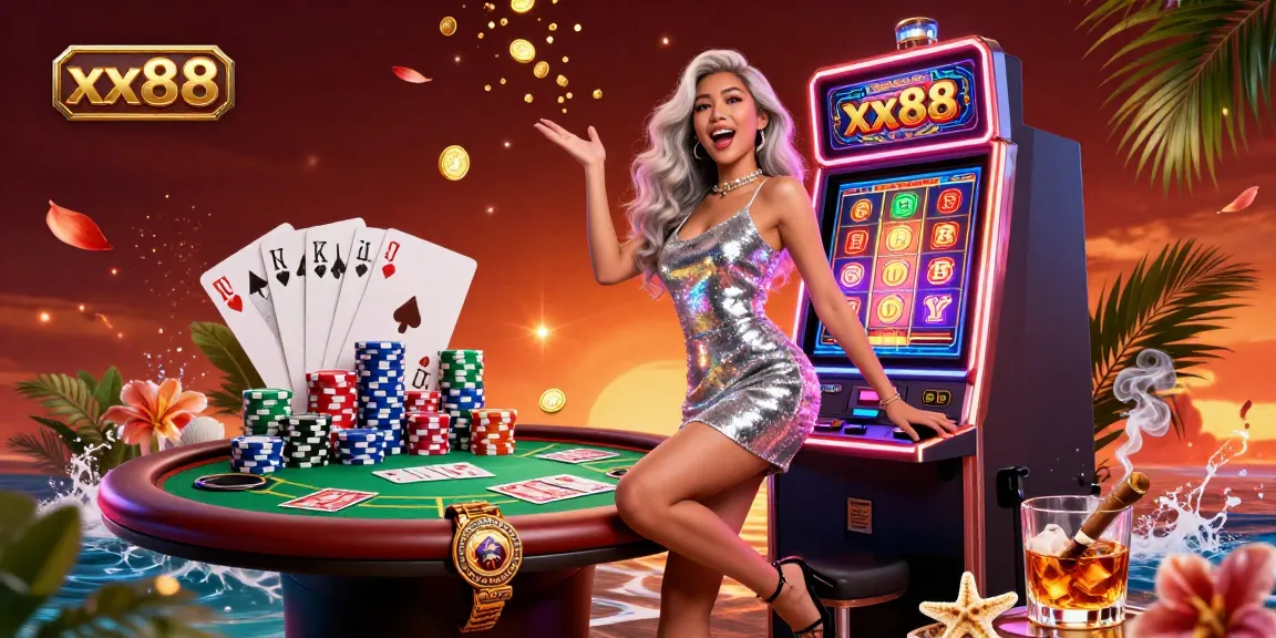 Experience the thrill of xx88 with jackpot celebrations and vibrant casino action in this lively illustration.
