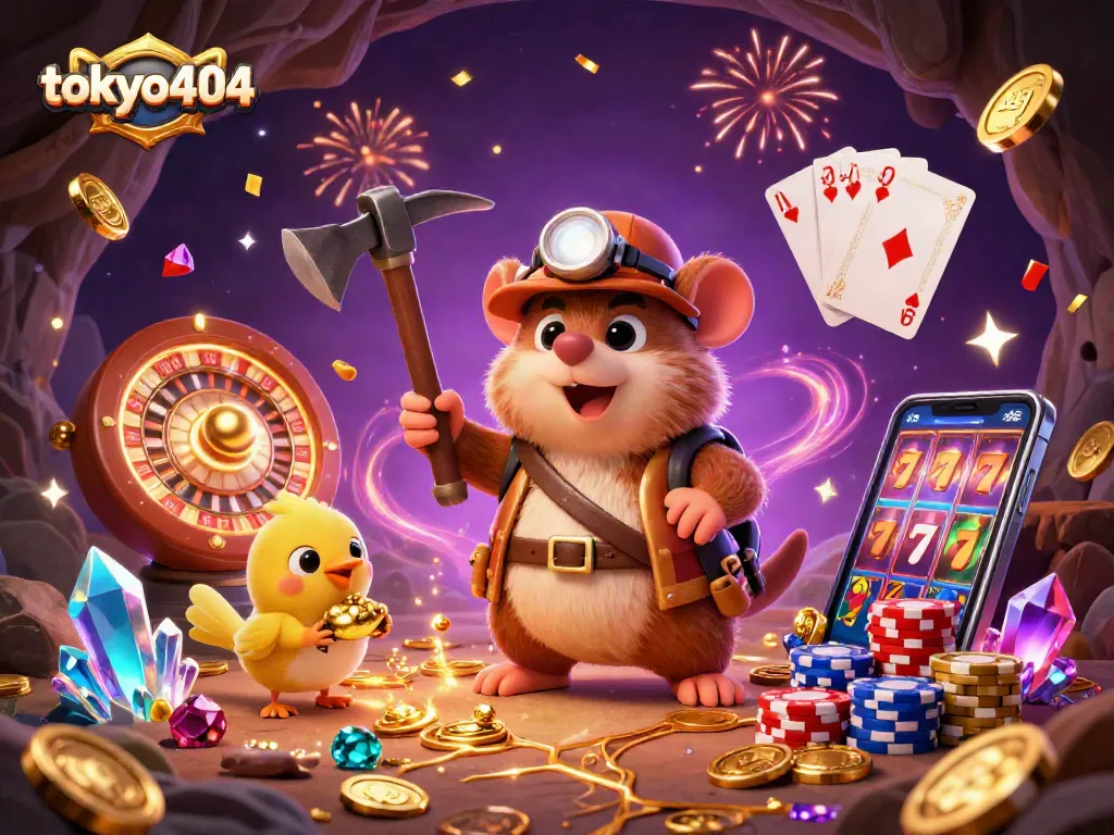Join the excitement of tokyo404 with treasure hunting moles and sparkling casino elements.