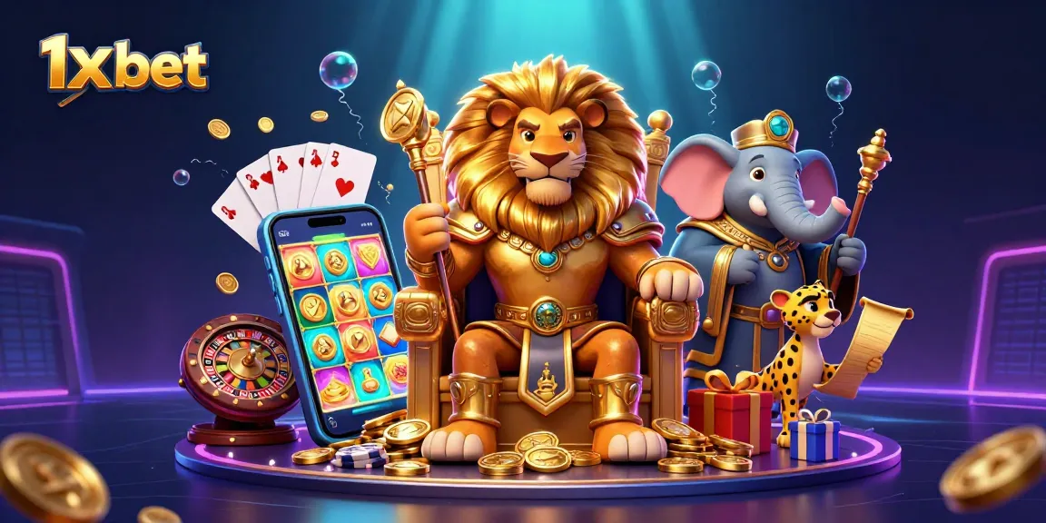 Play and win big with 1x bet in an exciting 3D casino scene featuring vibrant characters and games.