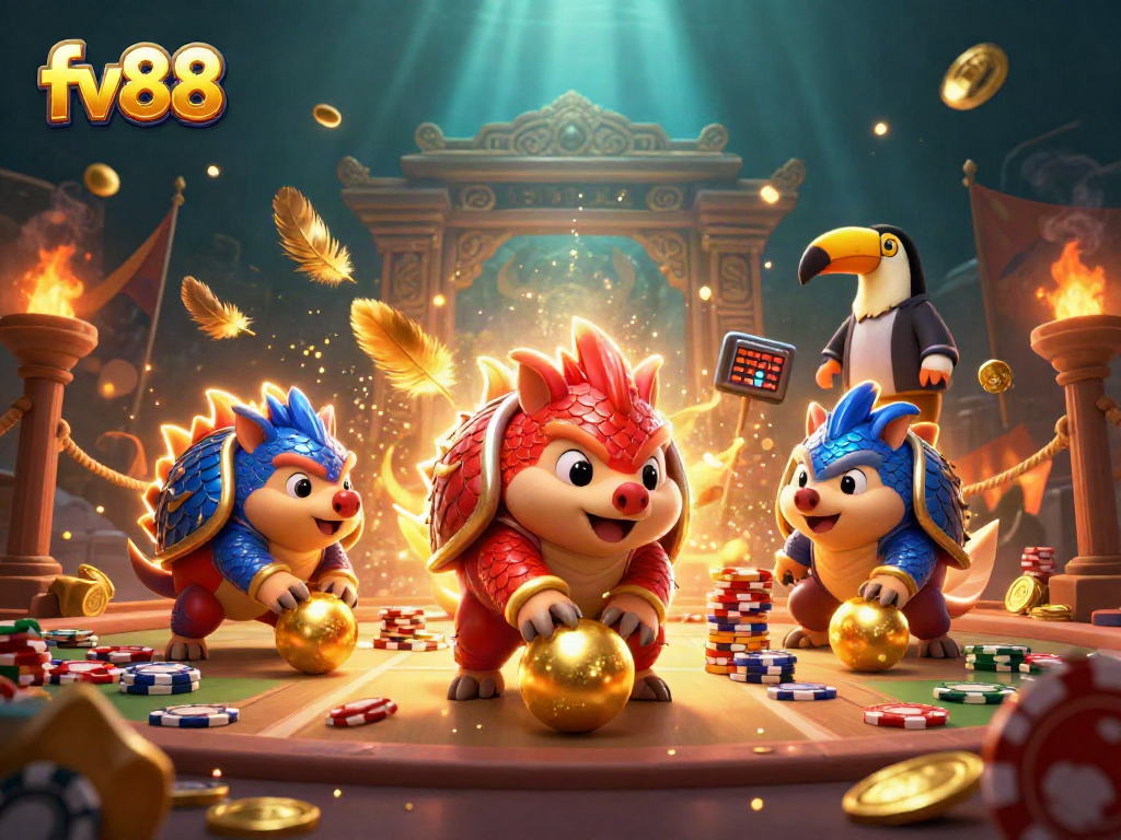 fv88 rivals clash in a vibrant casino showdown with dynamic elements and a toucan referee.