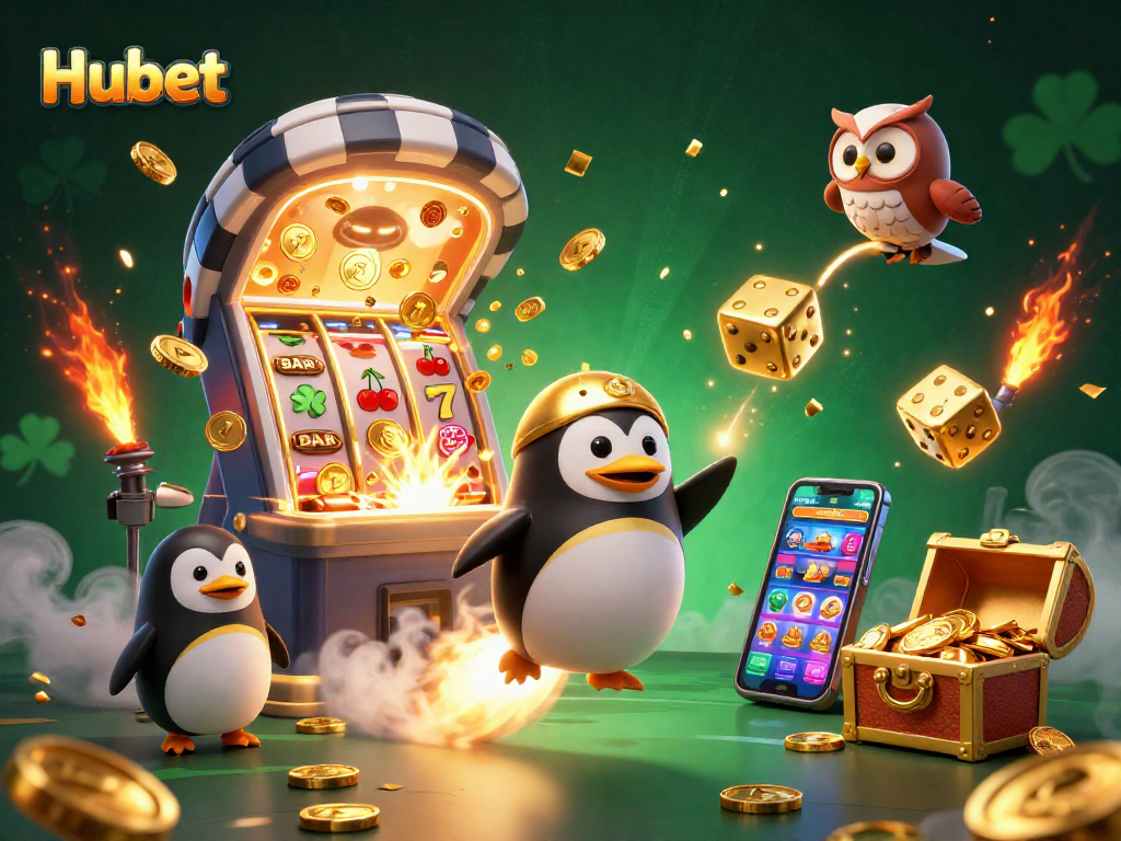 Experience thrilling wins at Hubet with a dynamic casino scene featuring golden penguins and slot machines.