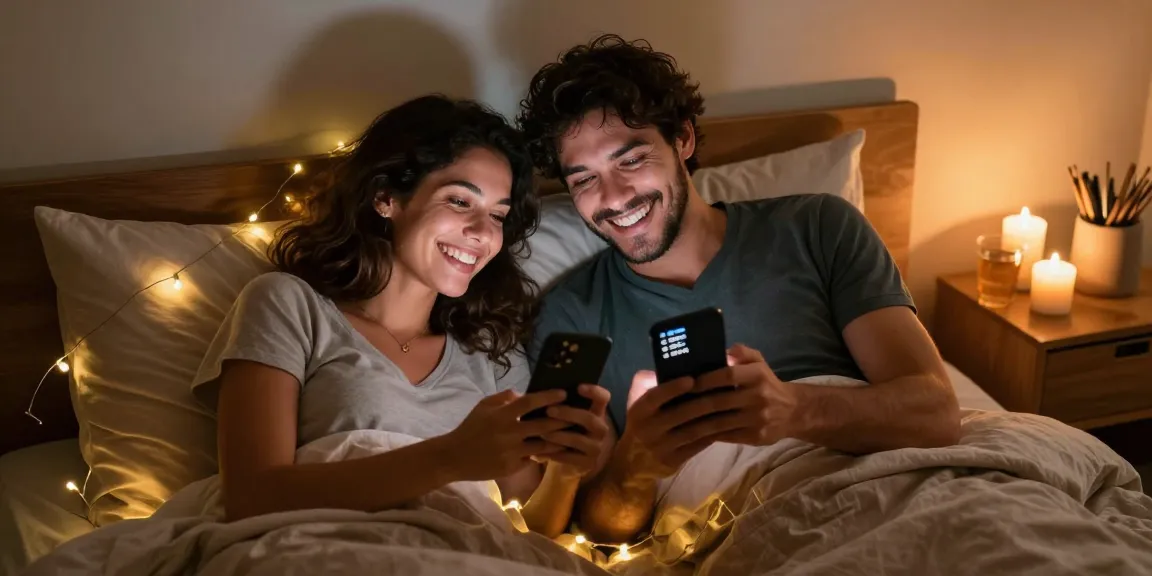 Couple enjoying sexting ai in an intimate bedroom setting with warm lighting.
