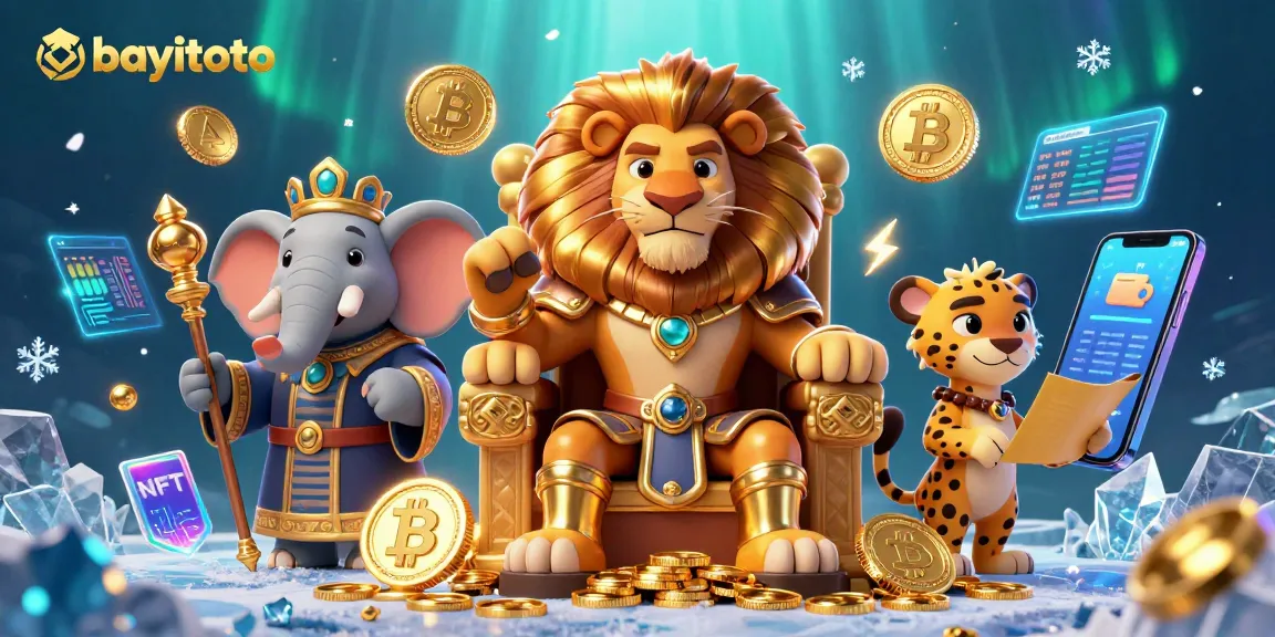 Experience thrilling gaming with bayitoto, featuring lion king, elephant advisor, and cheetah messenger surrounded by glowing coins.