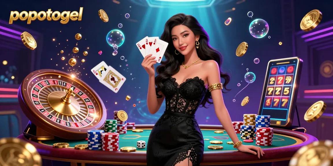 Experience thrilling gameplay at popotogel with a captivating Asian woman elegantly holding playing cards amidst a vibrant casino setting.