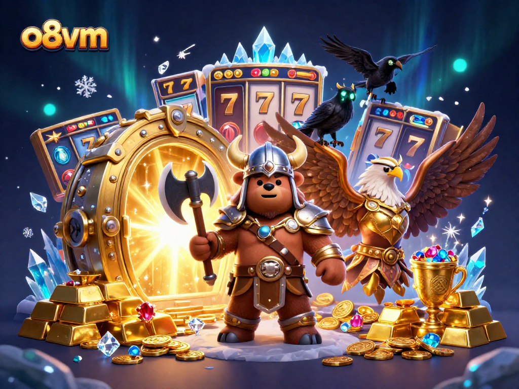 Experience thrilling jackpots at o8vm with vibrant 3D illustration of casino treasures and characters.