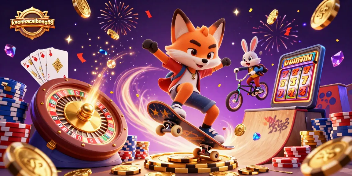 Experience exciting fun with keonhacaibong88, a vibrant cartoon scene filled with dynamic casino elements.
