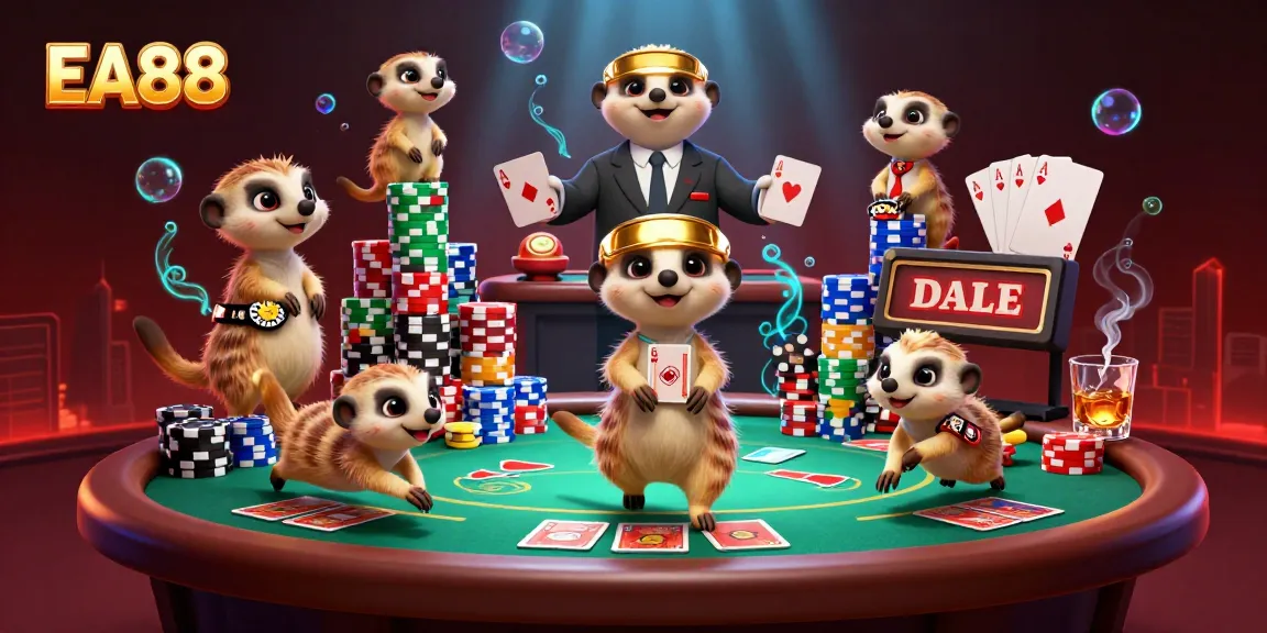Experience the excitement of EA88's casino scene with meerkats running games, showcasing vibrant poker elements.