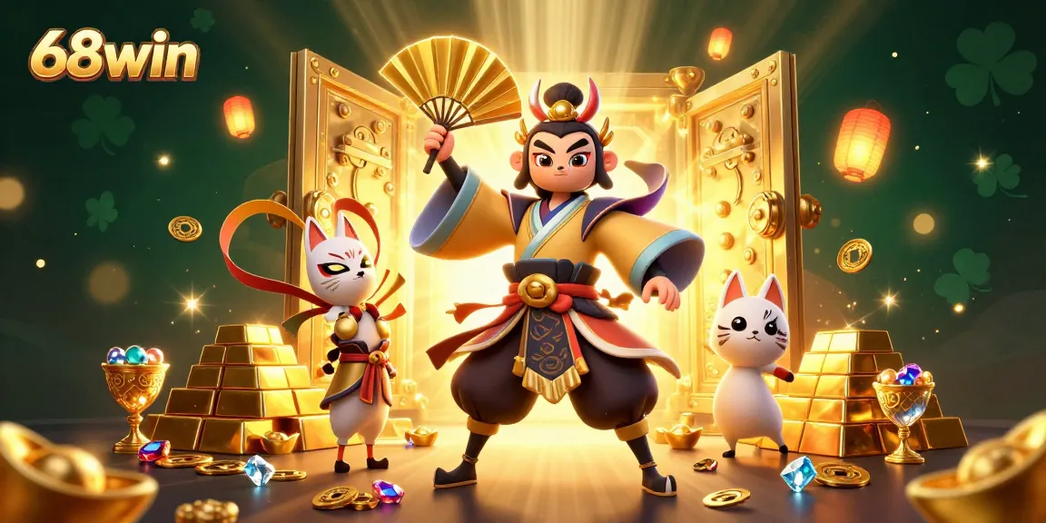 Experience thrilling game wins with 68win's vibrant casino illustration featuring kabuki characters and treasure.