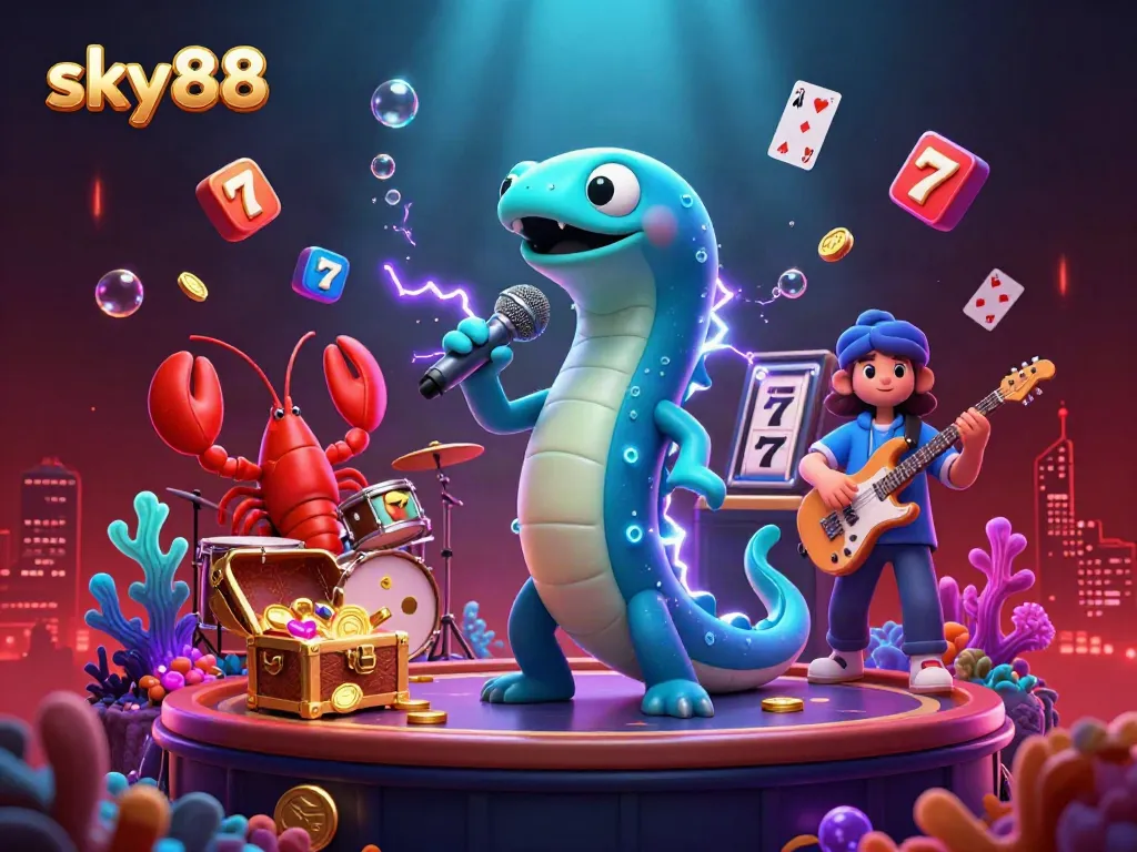 Experience the exciting action of sky88 in an underwater casino setting filled with vibrant characters and sparkling treasures.