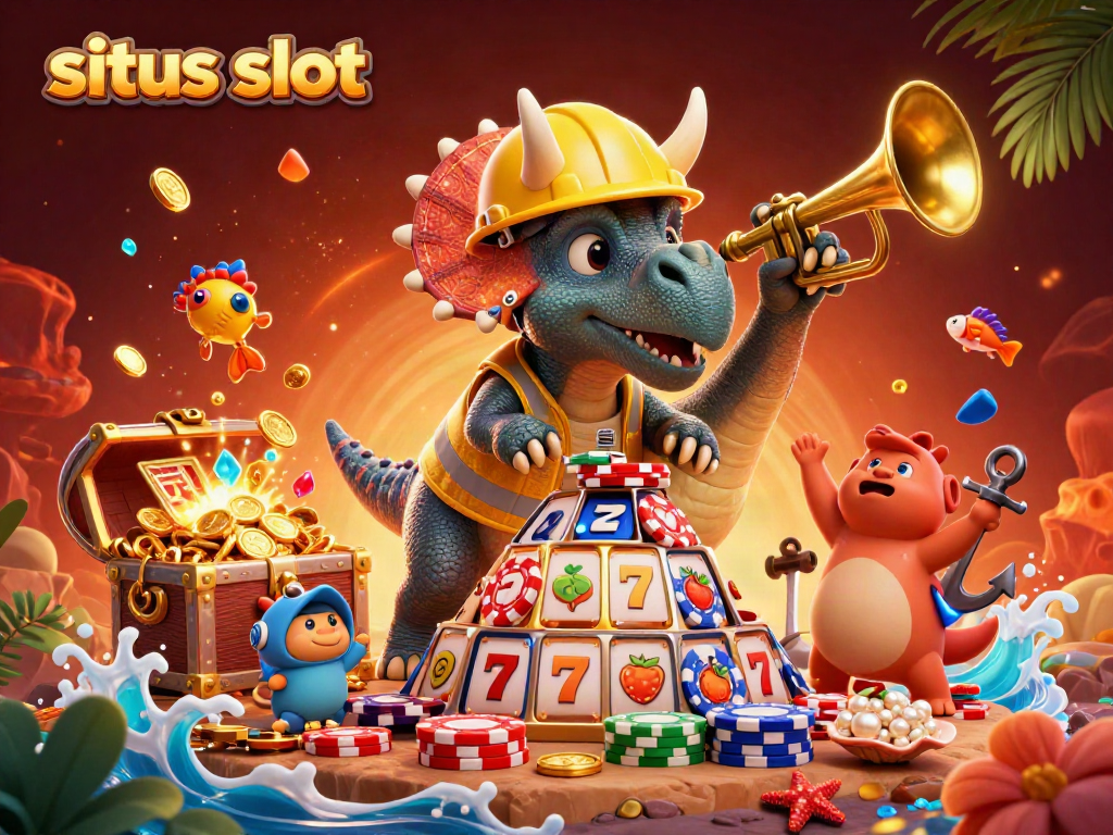 Celebrate wins at situs slot with a colorful, animated 3D casino scene featuring joyful characters and rich gaming elements.