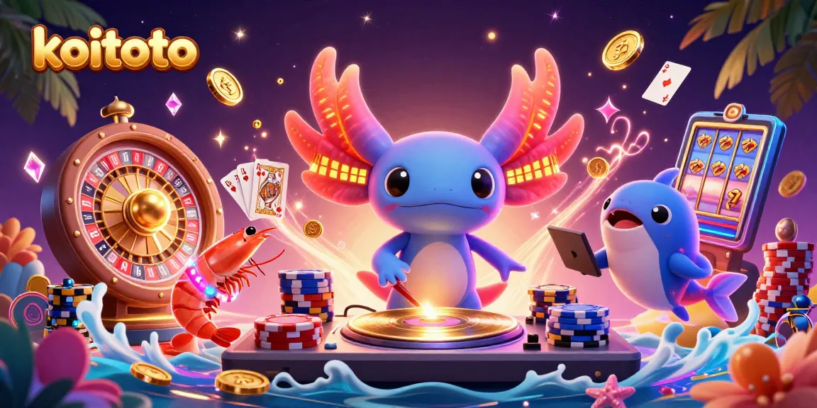 Koitoto delivers thrilling casino gaming with lively 3D axolotl DJ spinning bright slot reels.