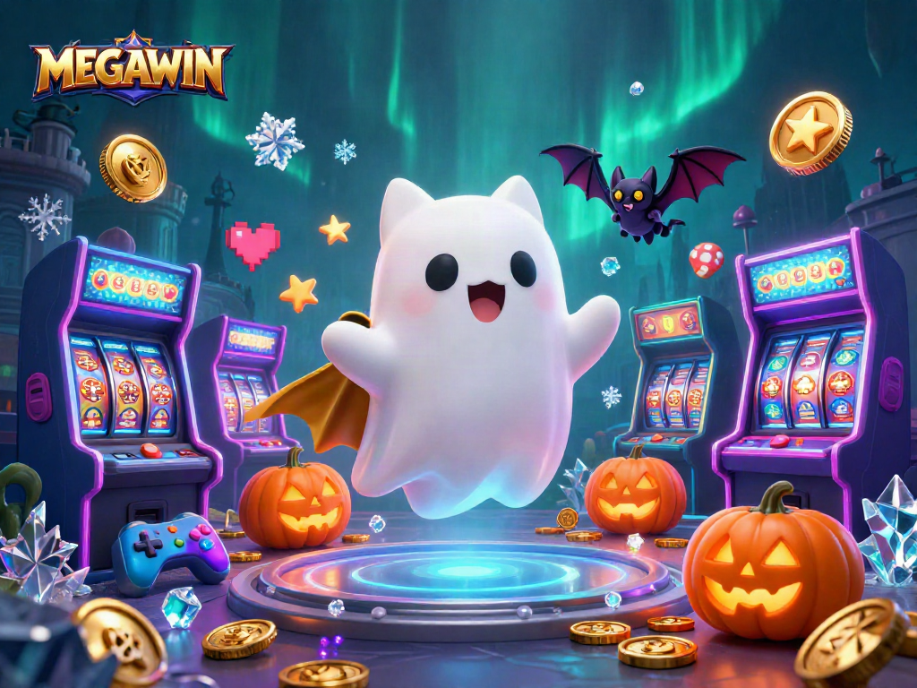 Join the MEGAWIN revolution with our lively haunted casino scene featuring a friendly ghost cat and vibrant gaming elements.