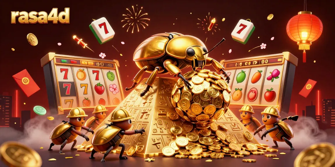 Menggulung koin emas besar di kasino, rasa4d menggabungkan simbol slot dan detail menarik.