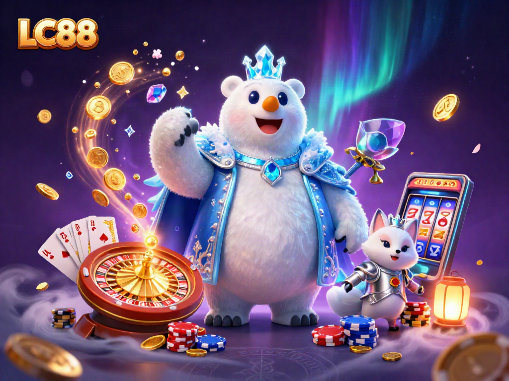 Experience the excitement of LC88 with vibrant casino elements and mythical characters in a magical scene.