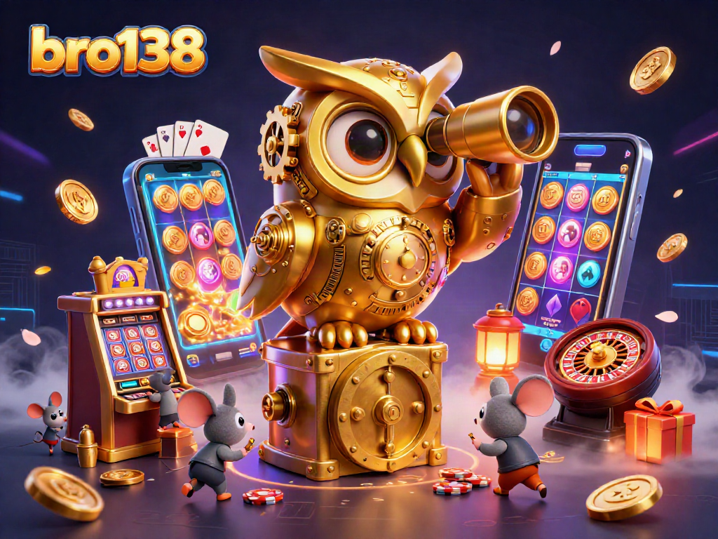 Engage with bro138's thrilling casino adventure featuring a clockwork owl and vibrant slot games.