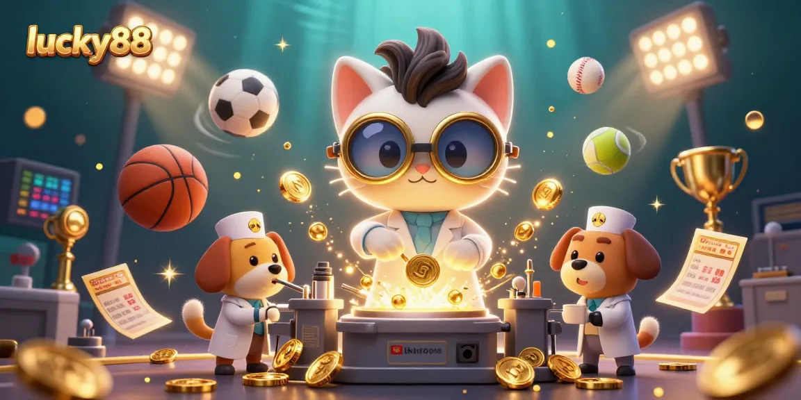 Join lucky88's adventure with a mad scientist cat and dog creating fortune in a vibrant casino scene.