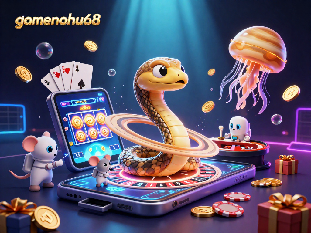 Engage with gamenohu68 casino fun featuring unique characters in a vibrant, cosmic-themed gambling scene.