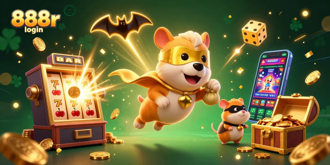 Experience the excitement of 888r login with a heroic dog flying through a dynamic casino scene.