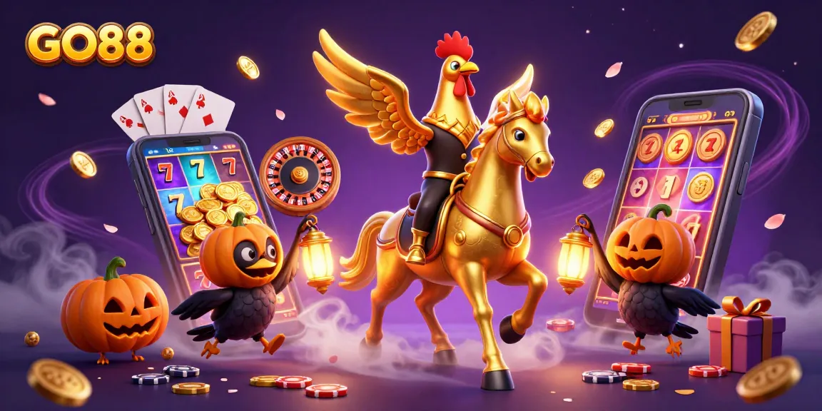 Experience exciting GO88 casino action with our unique golden rooster character in a vibrant gaming setting.