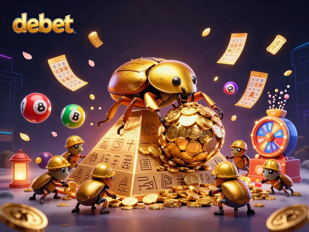 Experience the thrill of debet gaming with a vibrant scene of golden beetles and rich casino elements.