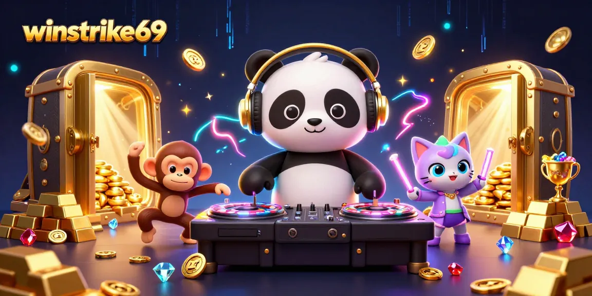 Experience winstrike69 with a vibrant 3D scene of a DJ panda and lively characters in a casino-themed illustration.