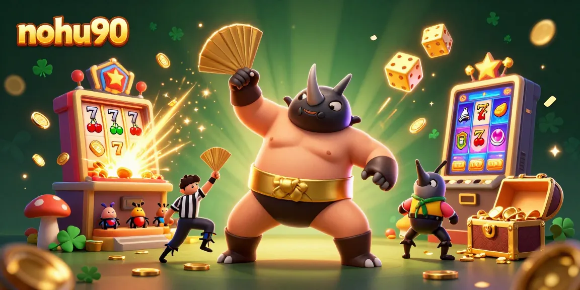 Nohu90 showcases a thrilling jackpot scene with the sumo champion beating the drum of fortune and a referee in a golden setting.
