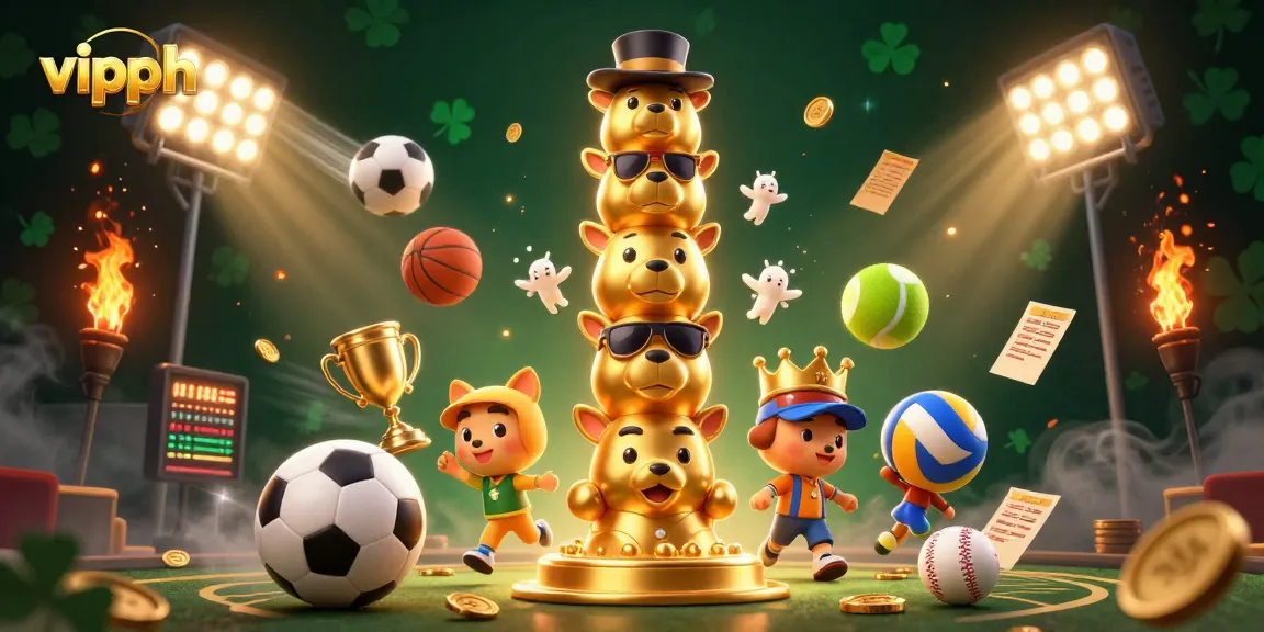 Experience exhilarating betting at vipph, where sports balls fly around dynamic casino elements in a golden-lit scene.