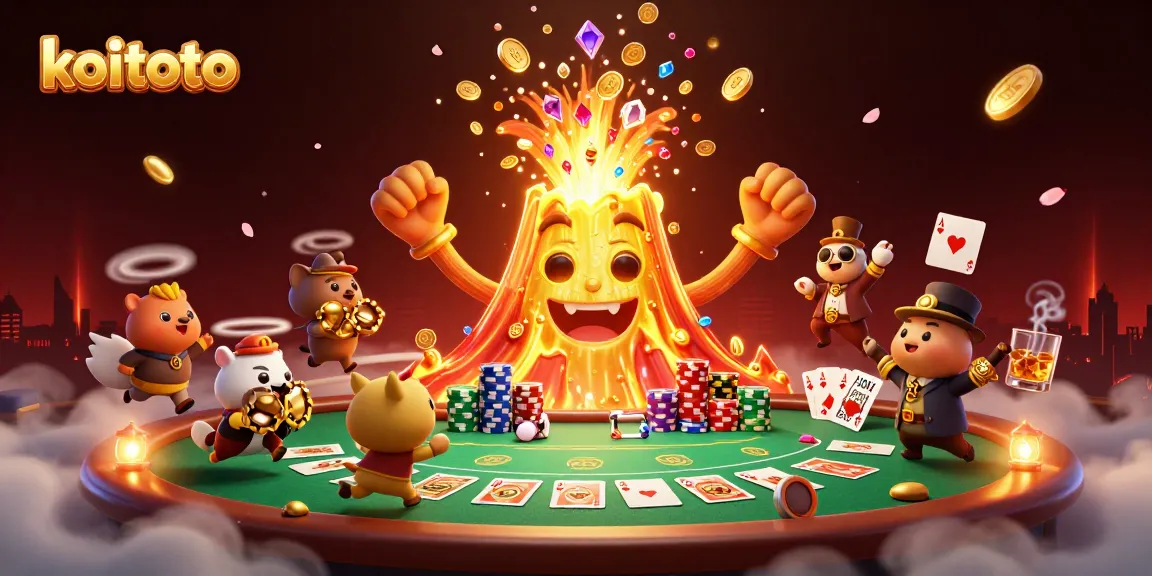 Koitoto players winning fierce hands in a dynamic 3D casino illustration filled with treasures.