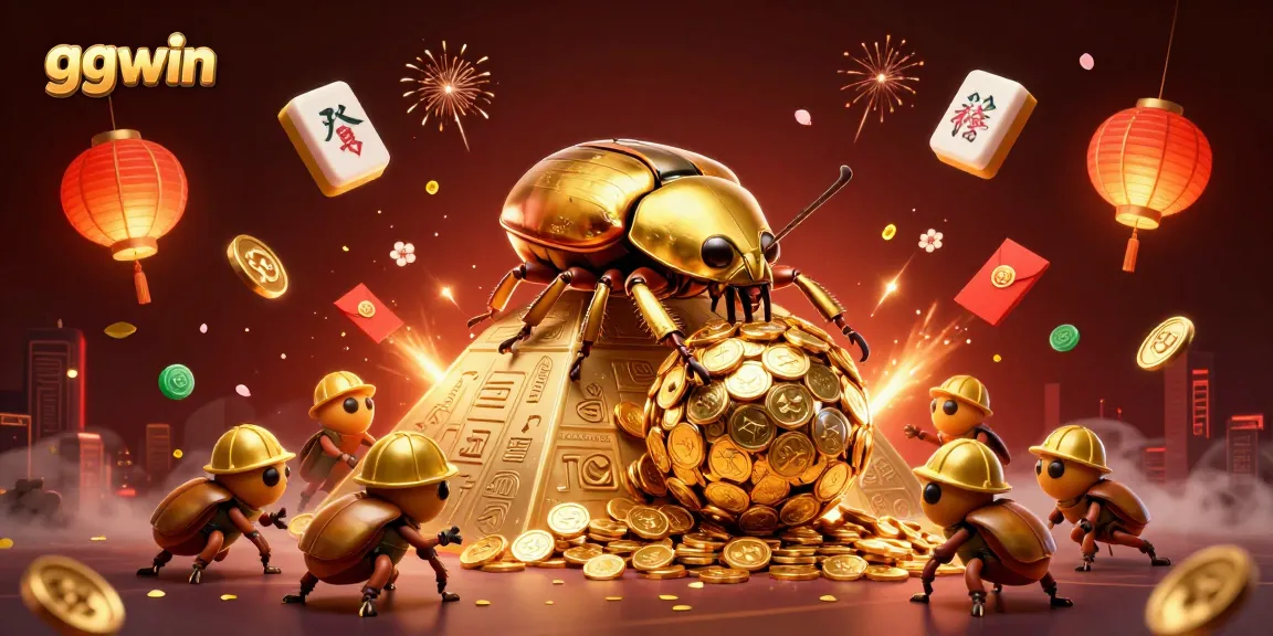 Experience the excitement of ggwin as golden beetles roll coins in a vibrant, dynamic casino scene.